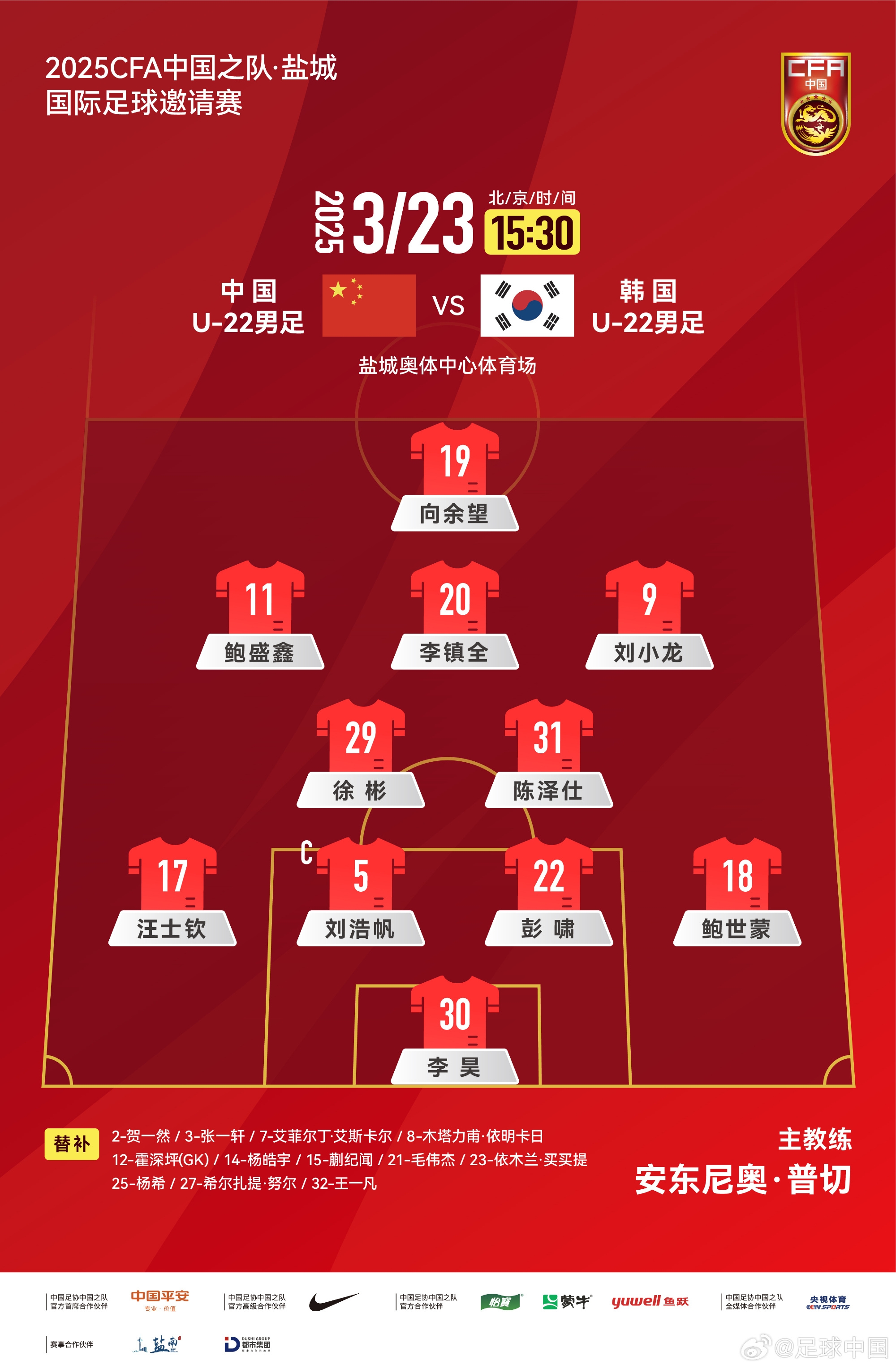 盐城四国赛，中国U-22男足对阵韩国U-22男足，中国队首发阵容