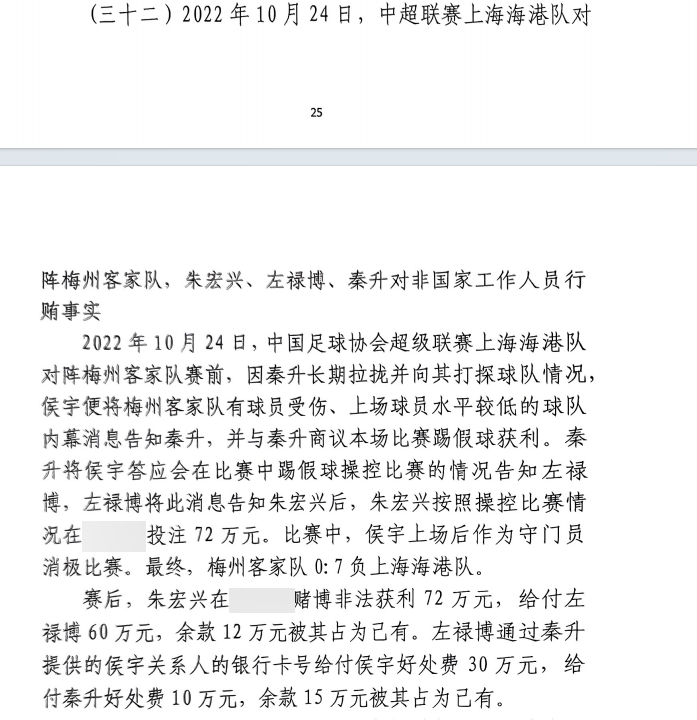 网传判决书：梅州0-7海港，梅州守门员侯宇收30万好处费消极比赛