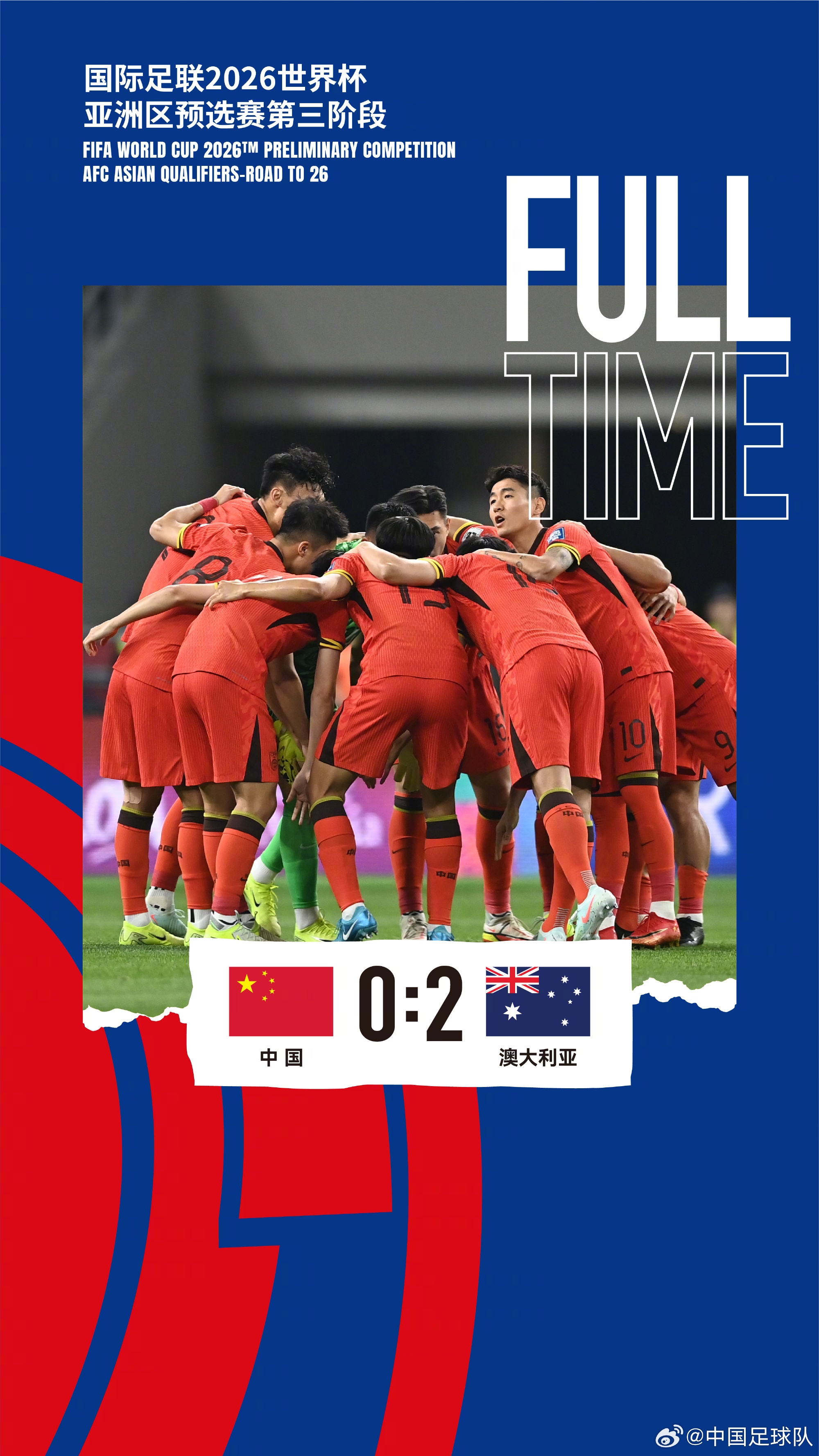 美加墨世界杯亚洲区预选赛第三阶段第八轮，中国队0-2澳大利亚队