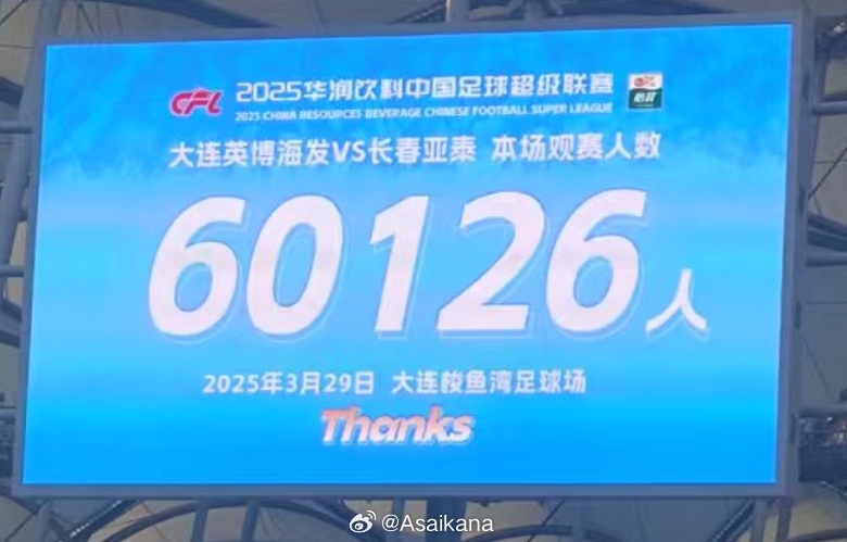 中超历史第二！英博首个中超主场观众60126名 仅次2012年南京奥体