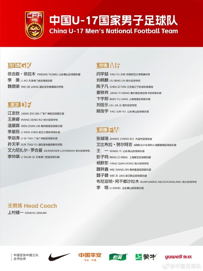北青体育：U17国足落选球员彭子鸣、李星辰、陈子凡仍留队合练
